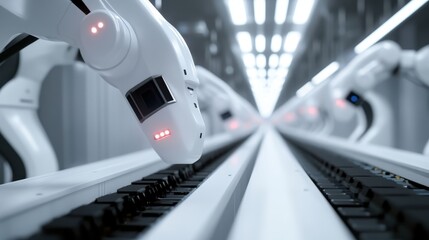 A close-up of conveyor belts integrated with robotic automation tools.