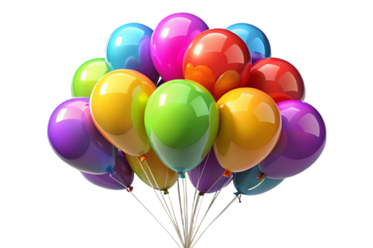 Brightly colored balloons tied together isolated on transparent background