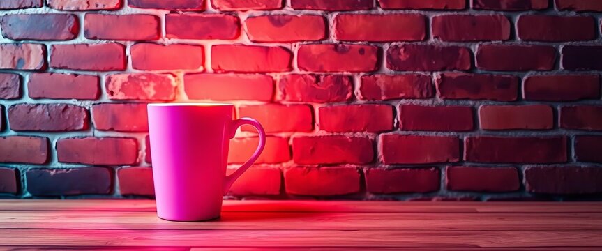 Glowing neon coffee cup against a vibrant brick wall background,  photography,  illuminated