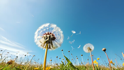 Bright dandelions swaying gently in the breeze under a clear blue sky during a sunny spring afternoon Generative AI