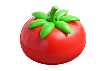 Stylized red tomato with green leaves isolated on transparent background