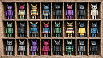 Small, colorful, and horned figures displayed in a wooden box.