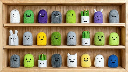 Cute cactus and other plant figurines displayed on shelves.