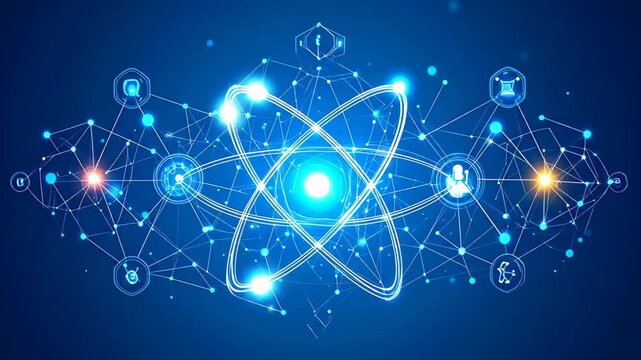 Glowing atom surrounded by connected nodes symbolizing scientific network and digital innovation
