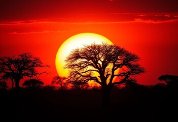 Fiery African sunset silhouettes acacia trees against a massive, setting sun,  peaceful,  vibrant