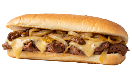 Single philly steak sandwich loaded with tender beef and smothered in creamy, juicy, melting cheese—served hot, savory, and irresistible on a fresh, toasted hoagie roll. PNG file