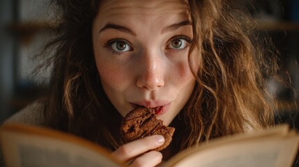Young woman eating chocolate gingerbread cookies while reading a book, no logos, no brands