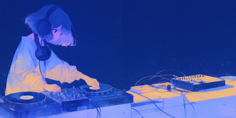 音楽フェスでDJを務める女性、水彩画。バナー素材。