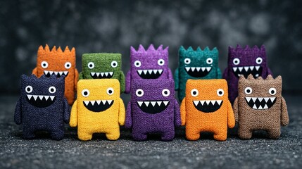 Group of colorful, smiling plush creatures.