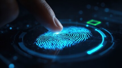 Successful biometric fingerprint authentication on futuristic digital interface. Glowing blue fingerprint scan resolves to green checkmark confirming access granted. Cybersecurity, identity verificat