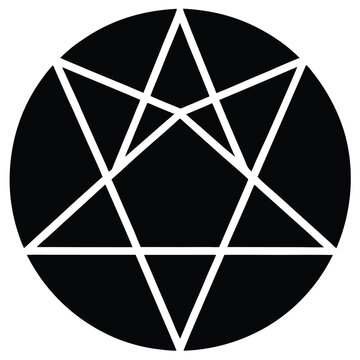 Geometric enneagram symbol within a circle with black background and white lines