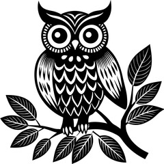 A stylized black and white illustration of an owl