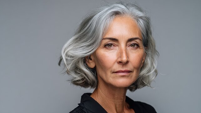 Confident beautiful mature business woman standing isolated on white background. Older senior businesswoman, 60s grey haired lady professional looking at camera, close up face headshot portrait., no 