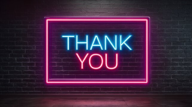 AI generated image a vibrant neon sign against a dark brick wall features 'THANK YOU' in bright pink and blue within a glowing pink square outline, creating a modern and eye-catching display