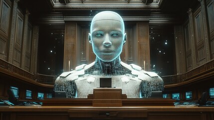 A futuristic AI court system where decisions are made through unbiased algorithms 