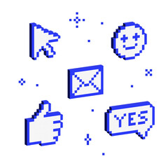 Set of 3d mosaic elements. Isometric 8 bit blue signs. Cyber symbols in y2k futuristic design. Volumetric geometric shapes. Brutalist style. Cursor, emoji, envelope, thumb up, comment.