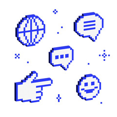 Set of isometric 8 bit sings. 3d pixel blue objects in brutalist style. Cyber symbols in y2k futuristic design. Volumetric geometric shapes. Globe, emoji, message box, index finger.