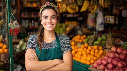 Young latin shopkeeper girl with arms crossed smiling happy at the fruit store., no logos, no brands