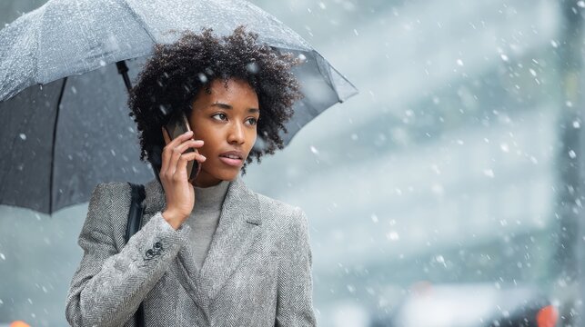 business, bad weather and people and concept - happy african american businesswoman. with umbrella and handbag calling on smartphone at city street, no logos, no brands