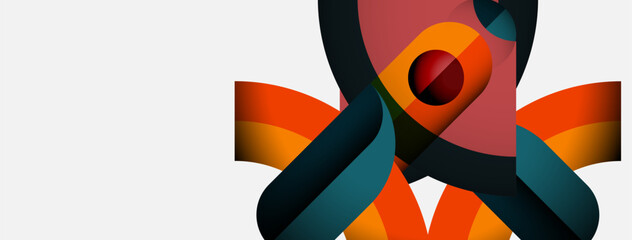 Abstract design features colorful ribbons, overlapping shapes. Central red sphere adds focal point, modern aesthetic.