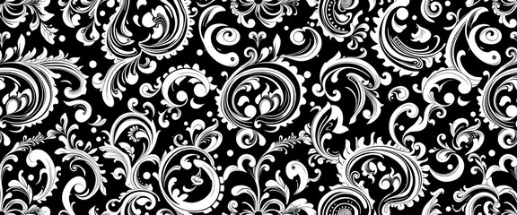 Elegant black and white paisley vector seamless pattern ideal for textile design and artistic projects,  swirl,  fashion
