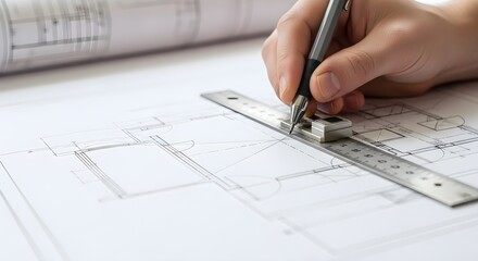 Architect's Hand Drawing Precise Floor Plan with Ruler and Pencil