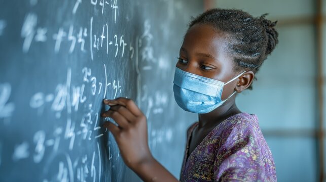 Portrait of african girl wearing face mask and writing solution of sums on white board at school. Black schoolgirl solving addition sum on white board during Covid-19 pandemic. School child thinking.