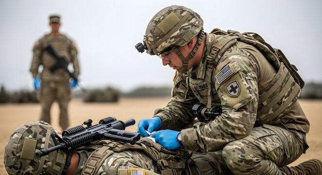 Army medic provides aid to wounded soldier during field training exercise