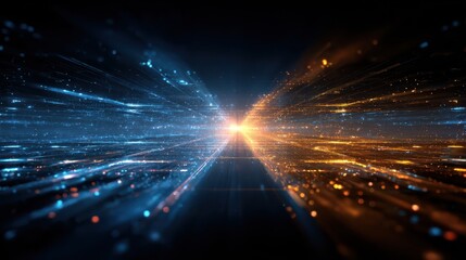 Digital technology background with blue and orange lights, glowing digital data streams in the center of abstract futuristic space tunnel or dark corridor with light particles and