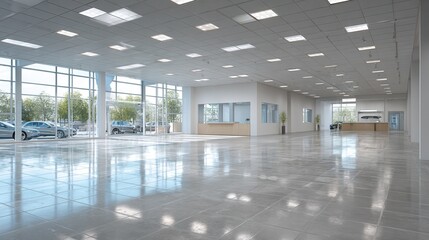An empty car dealership with spacious showroom and shiny floors. Featuring calmness and flexibility