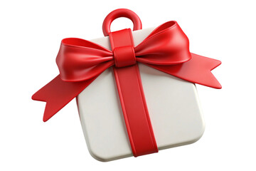 A white gift box with a red ribbon and bow isolated on transparent background