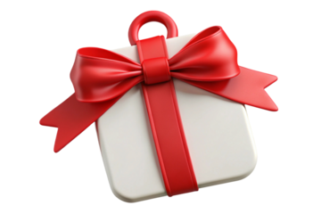A white gift box with a red ribbon and bow isolated on transparent background