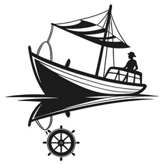 Vintage Rowboat and Tree Silhouette Vector Illustration

