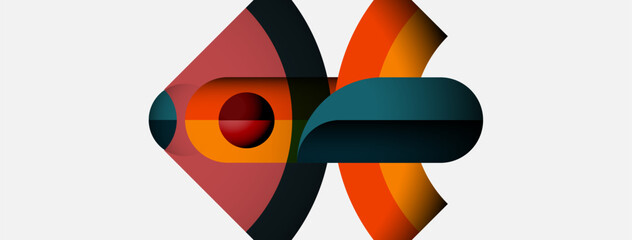 Abstract geometric shapes overlap, creating dynamic composition. Warm colors contrast cool tones. Minimalist design evokes modern aesthetic.