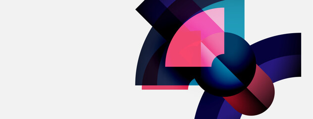 Abstract shapes overlap, creating vibrant color blends. Pink, blue, purple hues dominate white background. Modern design element.