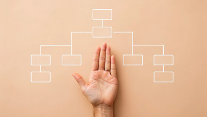 Hand placed near flowchart design on a neutral background.