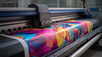 Graphic customization for digital printing. A vibrant, colorful design is being printed from a large-format printer, showcasing a mix of shapes and hues on a roll of material.