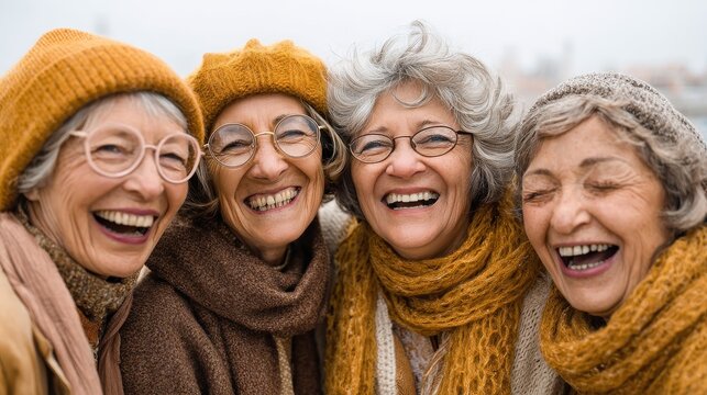woman friends group of mature old women laughing happy together and having fun discussion