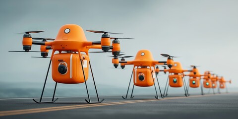 drone, electric vertical (eVTOL) concept. Row of orange delivery drones on a runway.