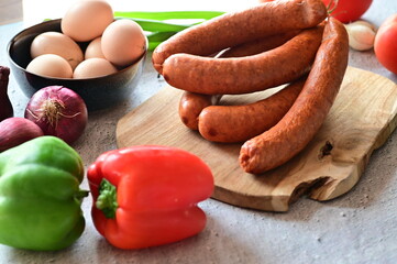 sausages on a wooden board