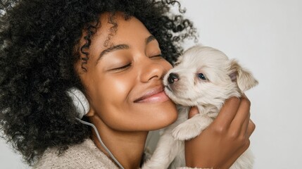 Pretty positive Afro American woman being happy pet owner holds small puppy which sticks nose in headphones has playful mood listens music isolated over white background. Tender emotions care love, n