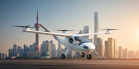 drone, electric vertical (eVTOL) concept. Electric aircraft flying above a city skyline at sunset.
