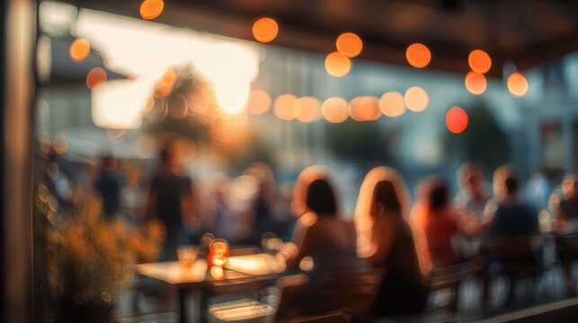 a group of people, defocused, at a summer outdoor restaurant and bar, sunny warm lights and soft bokeh, during golden hour