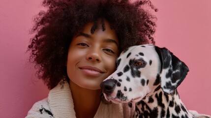 Lovely mixed race female with Afro hairstyle, being in good mood after stroll with favourite dalmatian dog, looks positively at camera, feels refreshed and full of energy, isolated on pink wall, no l