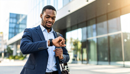 Young businessman checking smartwatch while walking past office building in morning light