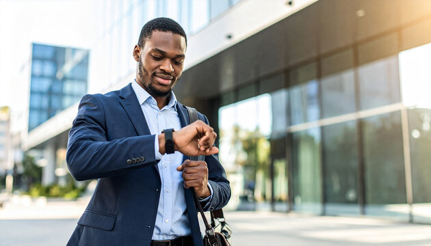 Young businessman checking smartwatch while walking past office building in morning light