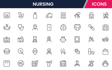 Vector illustration web line icon collection for nursing home care, elderly, medical, and support symbols in a compassionate, modern style.