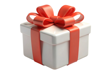 White gift box with red ribbon and bow isolated on transparent background