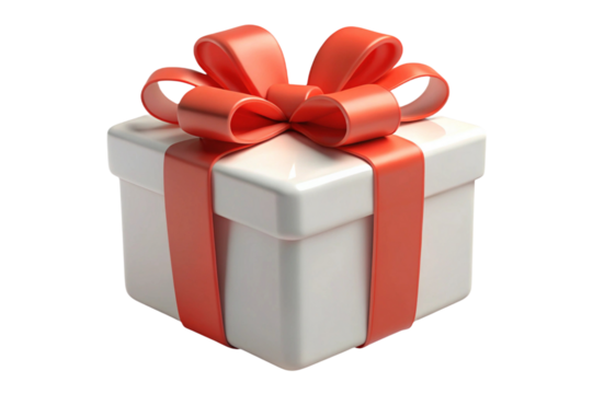 White gift box with red ribbon and bow isolated on transparent background