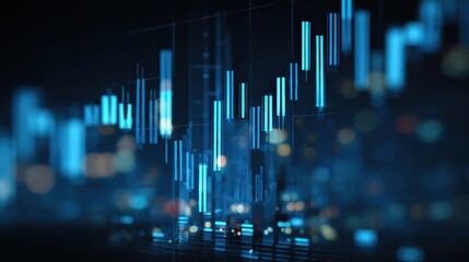 Creative forex chart on blue bokeh wallpaper. Finance and invest concept. Double exposure. 3D Rendering, no logos, no brands